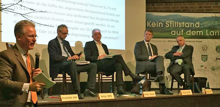 Max von Elverfeld (Vorsitzender des Grundbesitzerverbands), Krick (SPD), Rüße (Grüne), Höne (FDP) und Deppe (CDU) stellten sich im Wildwald der Diskussion zum sog. Naturschutzgesetz. (Foto: Wildwald)